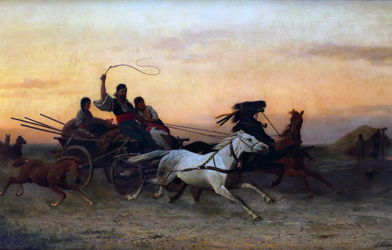 Photo wallpaper horse, picture, running, wagon, whip, German genre painter, Emil Volkers, Emil Volkers