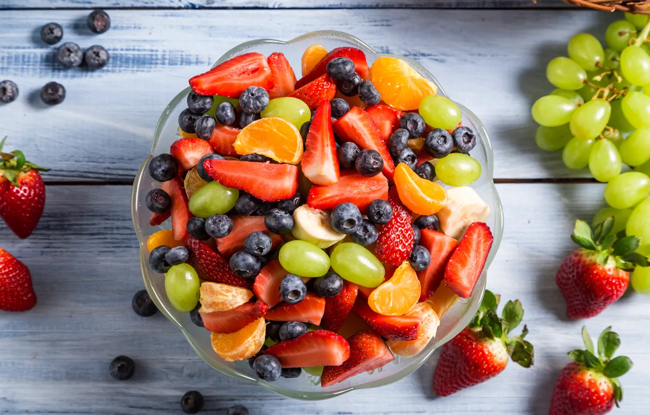 Photo wallpaper blueberries, strawberry, grapes, dessert, fruit, strawberry, tangerines, fruit salad