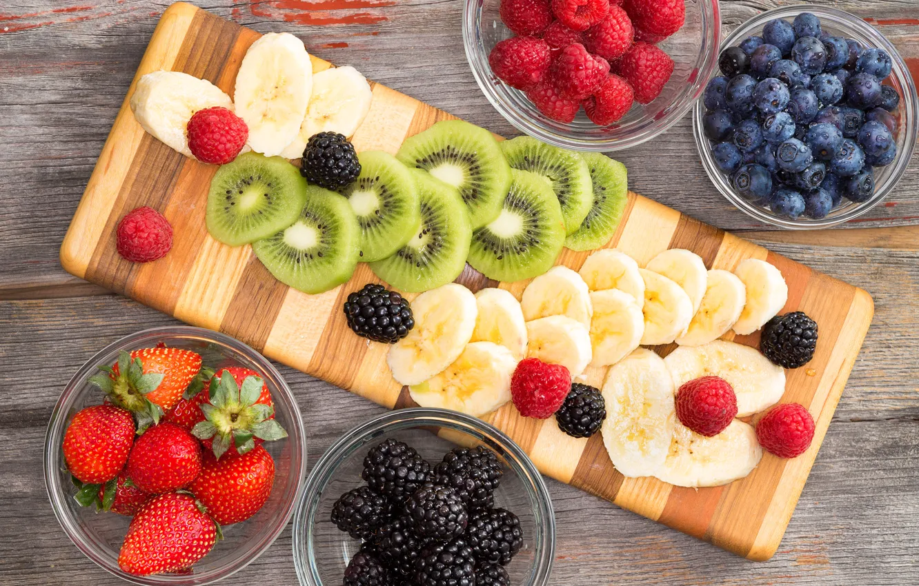 Photo wallpaper berries, raspberry, kiwi, blueberries, strawberry, bananas, fruit, BlackBerry