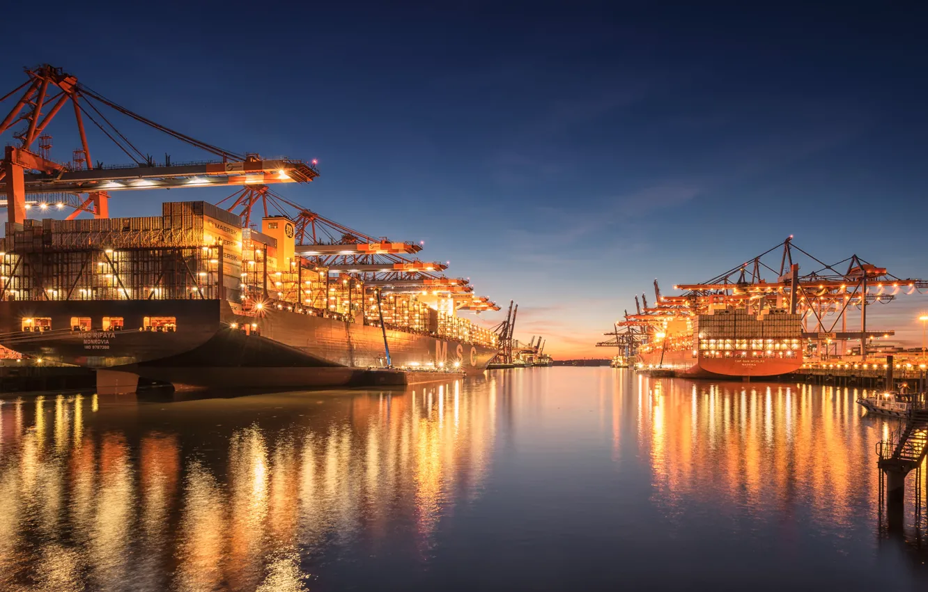 Photo wallpaper Night, Pier, The city, Germany, Ships, Hamburg, A container ship, Harbour