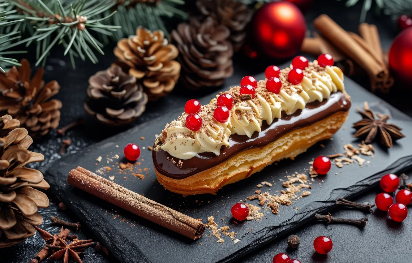 Photo wallpaper berries, table, new year, Christmas, cake, cinnamon, needles, bumps