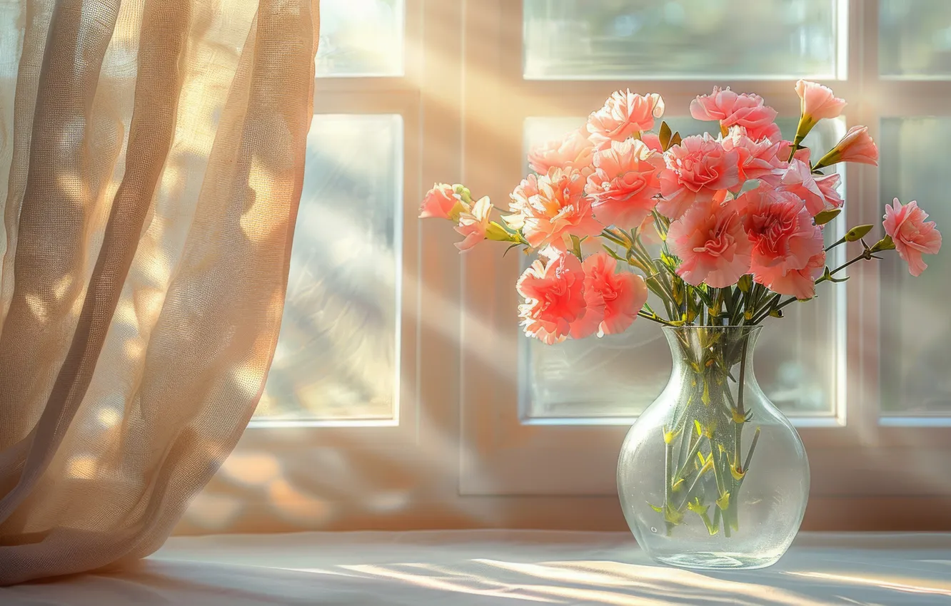 Photo wallpaper rays, light, flowers, shadow, bouquet, curtains, vase, sill