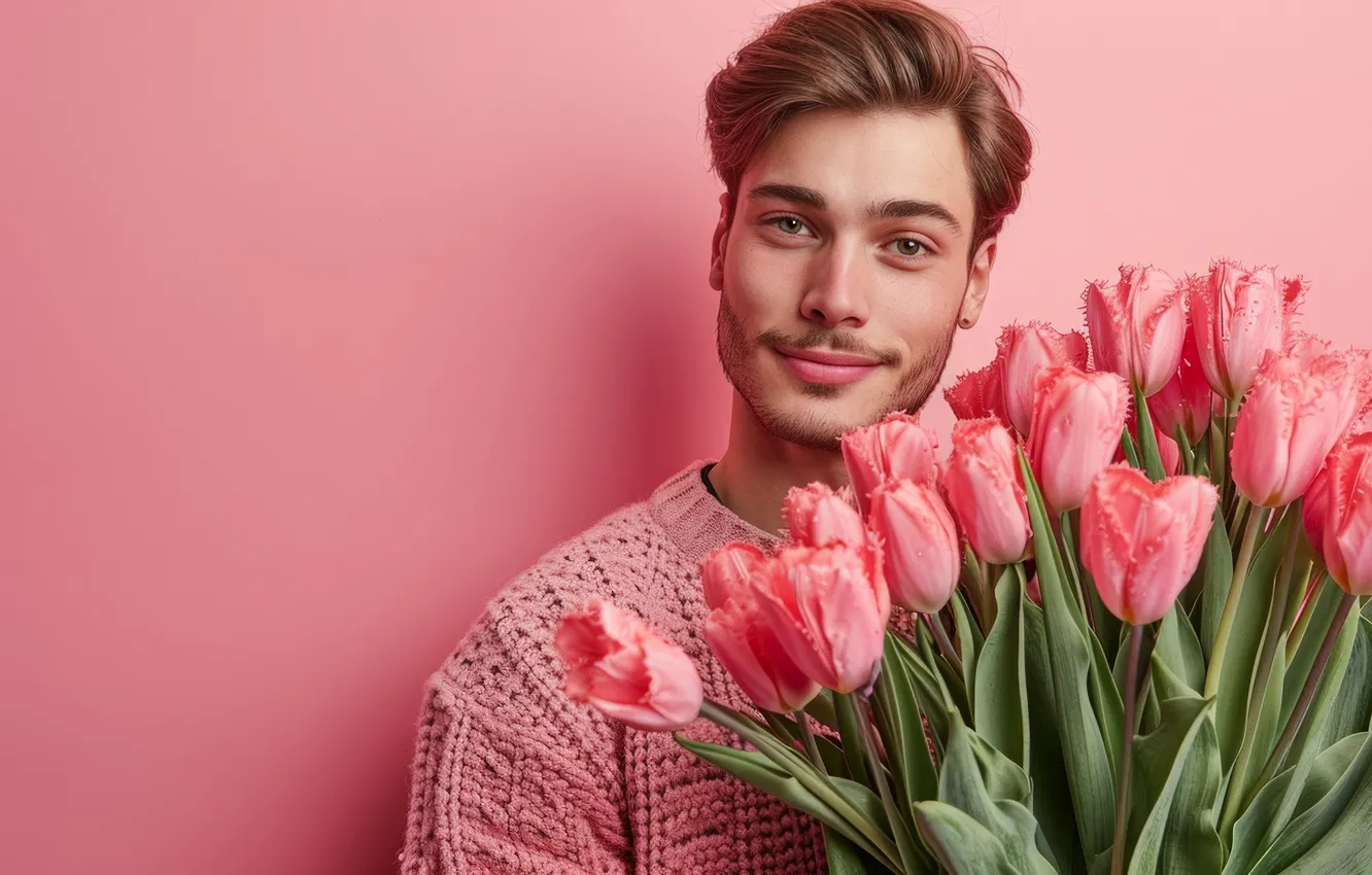 Photo wallpaper flowers, birthday, gift, bouquet, spring, tulips, male, guy