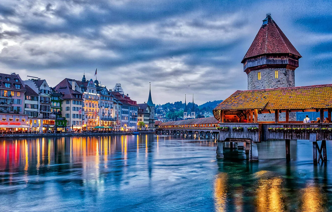 Photo wallpaper bridge, home, the evening, Switzerland, water, evening, houses, Covered bridge in Lucerne