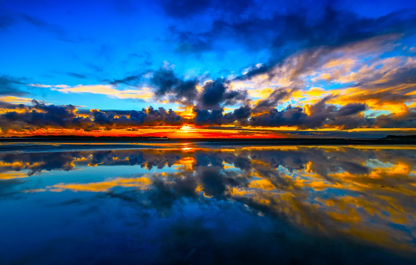 Photo wallpaper sea, the sky, clouds, sunset, reflection, coast