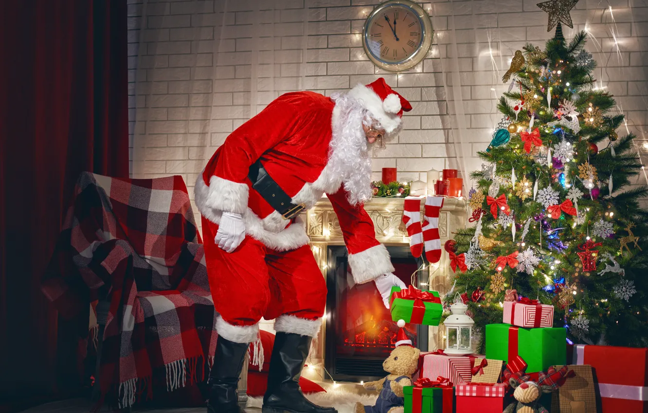 Photo wallpaper new year, Christmas, merry christmas, decoration, Christmas tree, Santa Claus, gifts