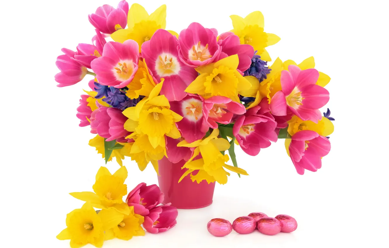 Photo wallpaper flowers, basket, tulips, flowers, tulips, daffodils, spring, eggs