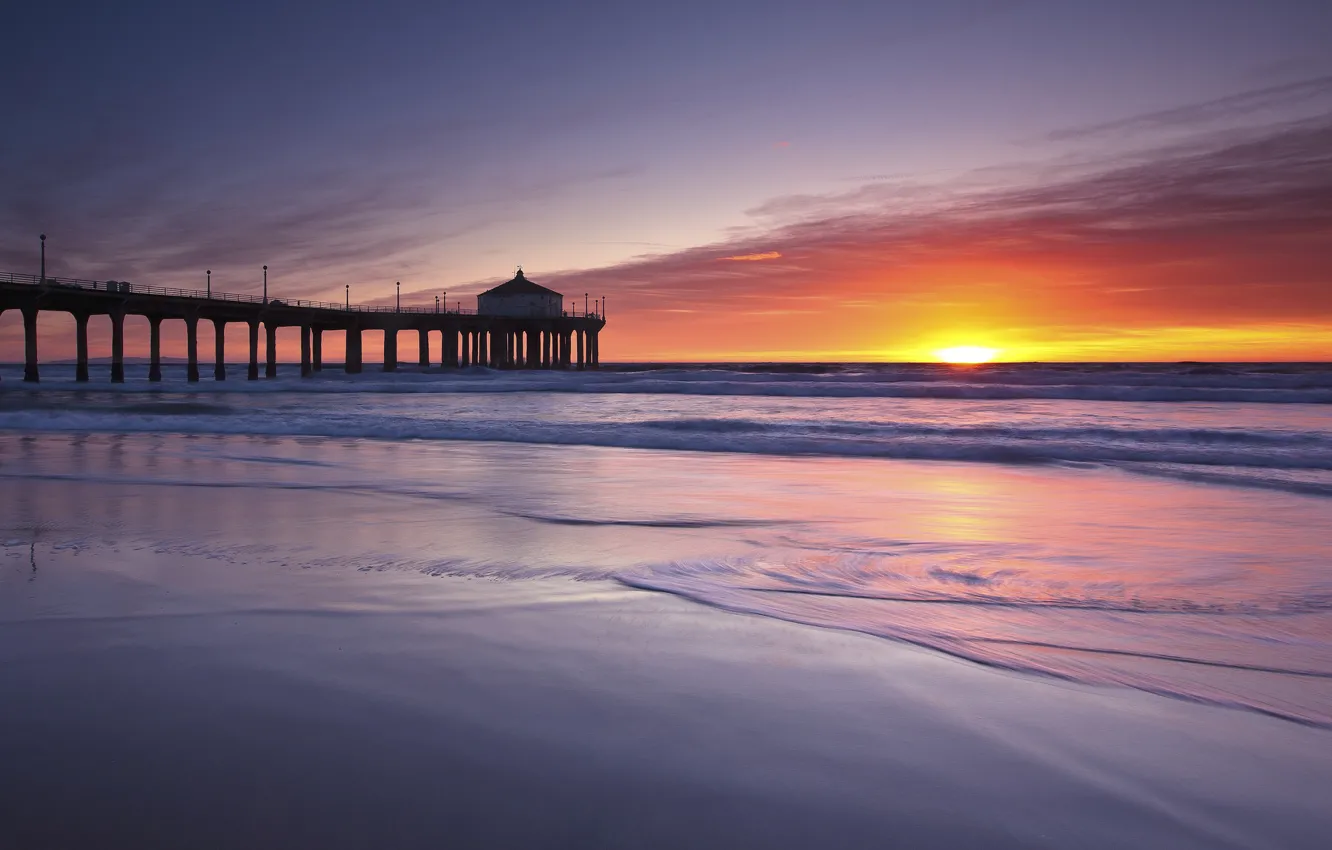 Photo wallpaper beach, the sky, the sun, clouds, bridge, sunrise, the ocean, dawn