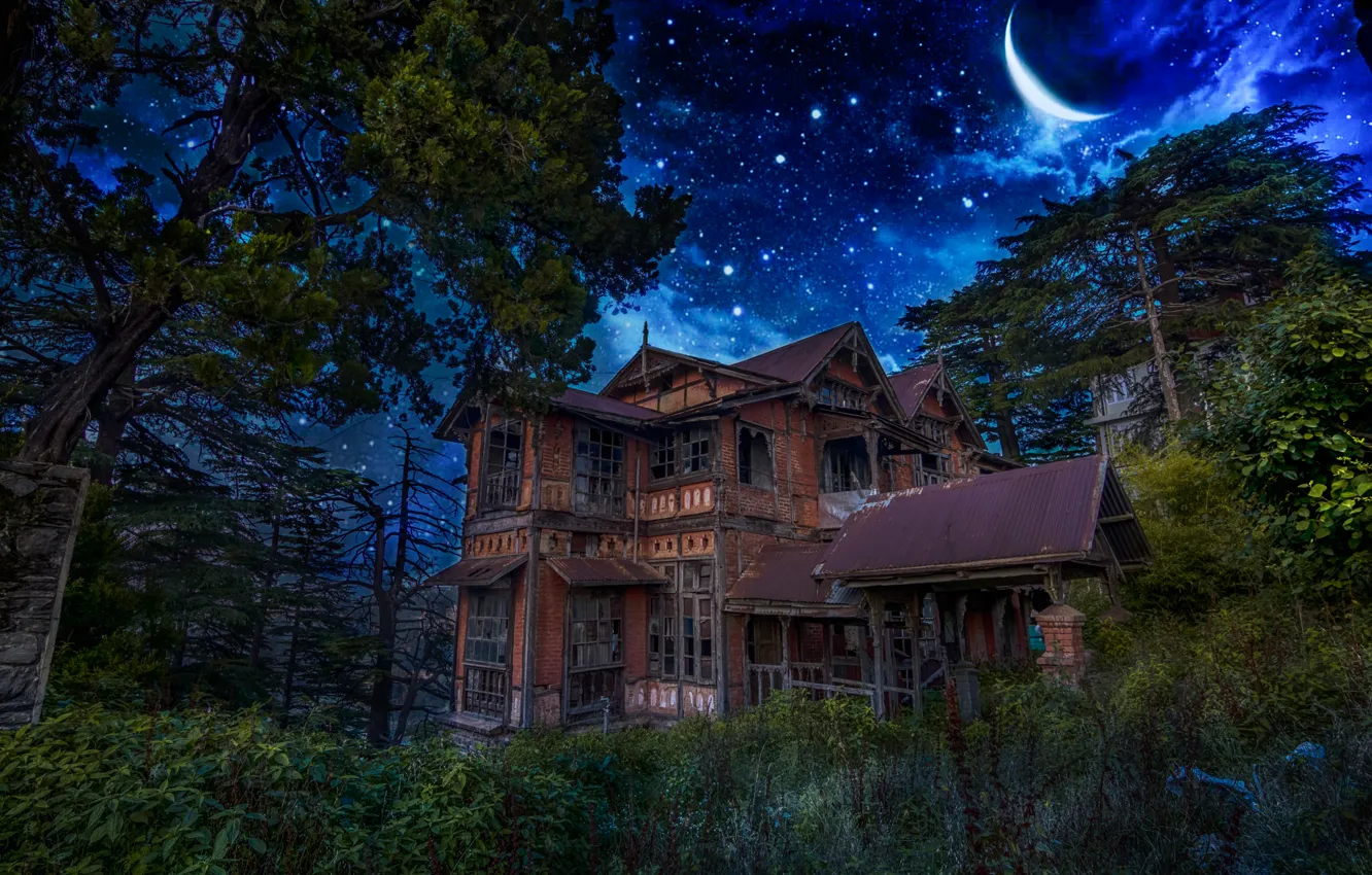 Photo wallpaper stars, night, the moon, home, old, the moon is shining, shining bright