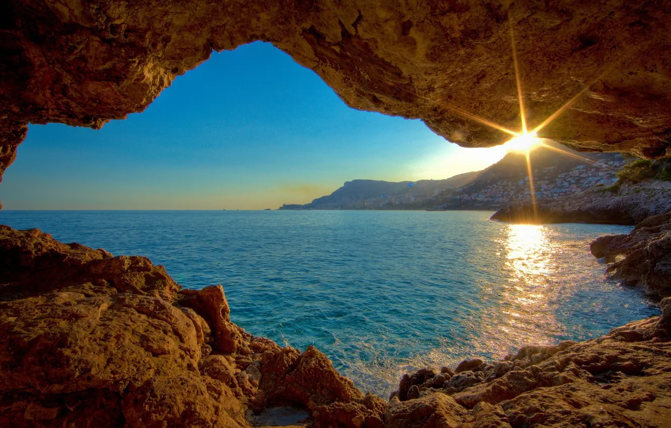 Photo wallpaper sunset, rock, shore, window