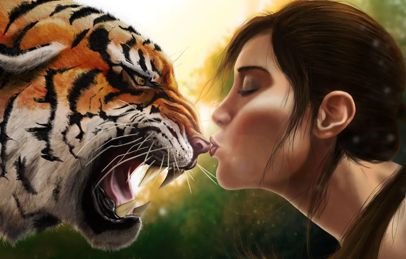 Photo wallpaper girl, tiger, animal, kiss, head, art, fangs, grin