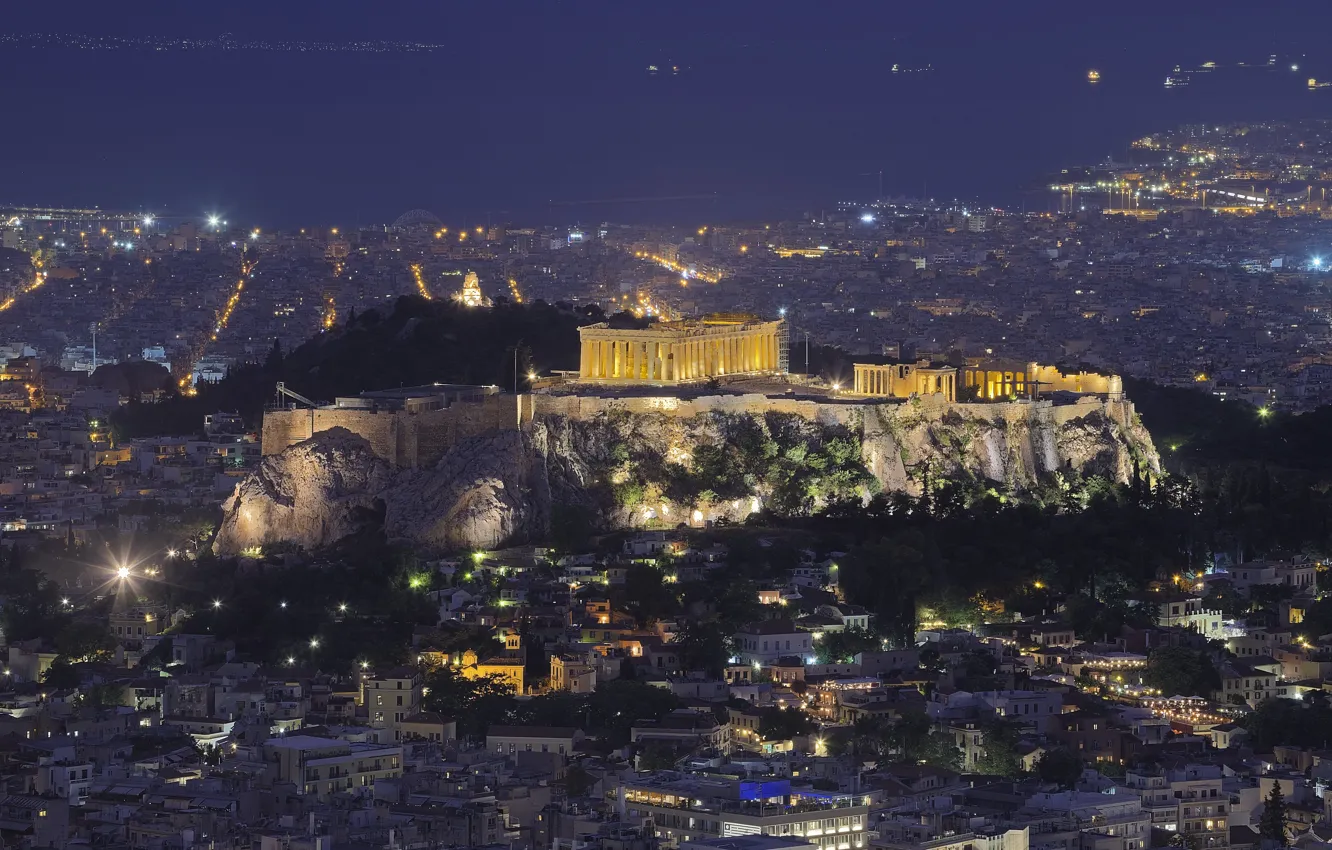 Photo wallpaper lights, Greece, panorama, Athens, The Acropolis