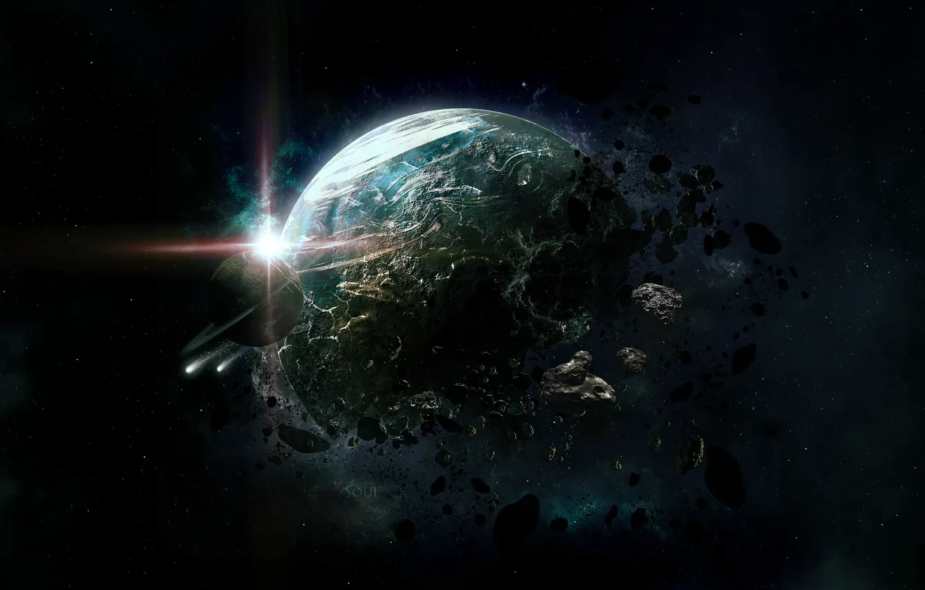 Photo wallpaper the wreckage, space, star, planet, ring, asteroids, art, destruction