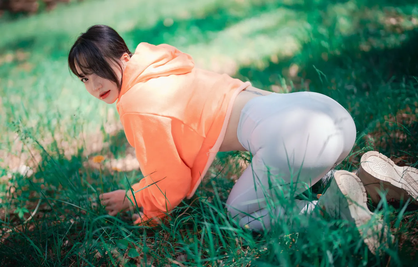 Photo wallpaper ass, look, pose, green grass, brunette, Asian, ass, brunette