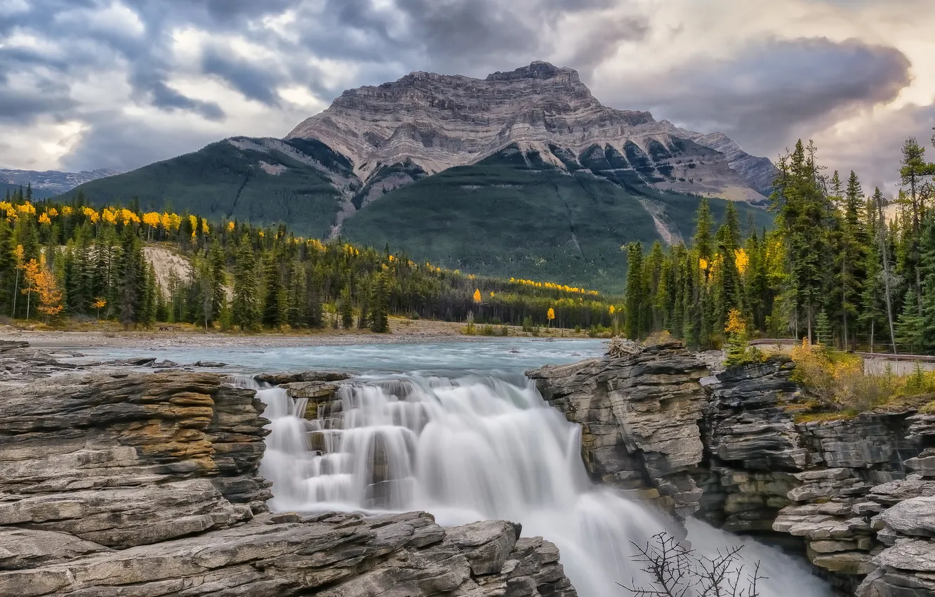 Photo wallpaper river, rocks, mountain, waterfall, Canada, Albert, Jasper, Athabasca