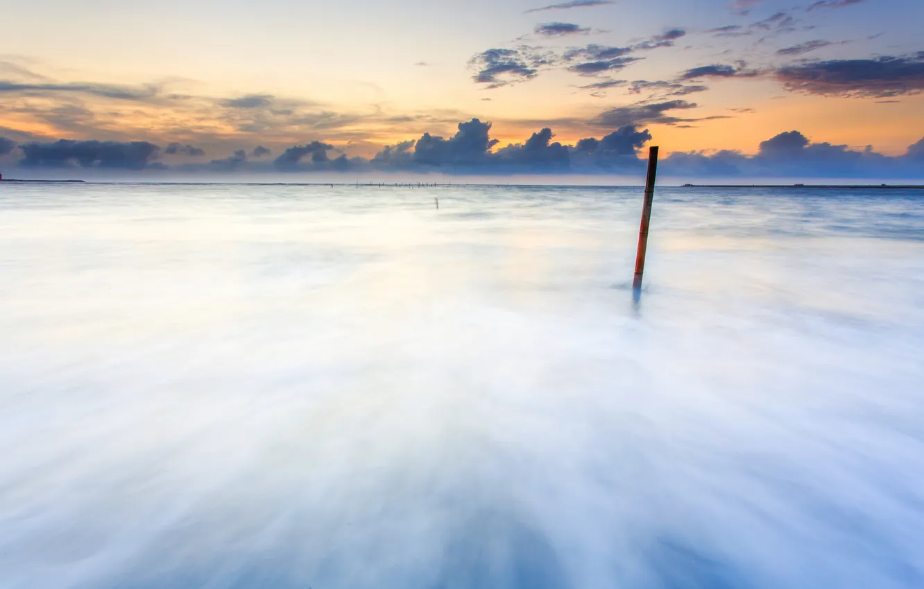 Photo wallpaper sea, clouds, sunset, clouds, posts, wooden
