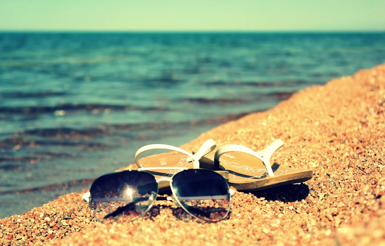 Photo wallpaper sand, summer, water, the sun, lake, shore, glasses, flip flops
