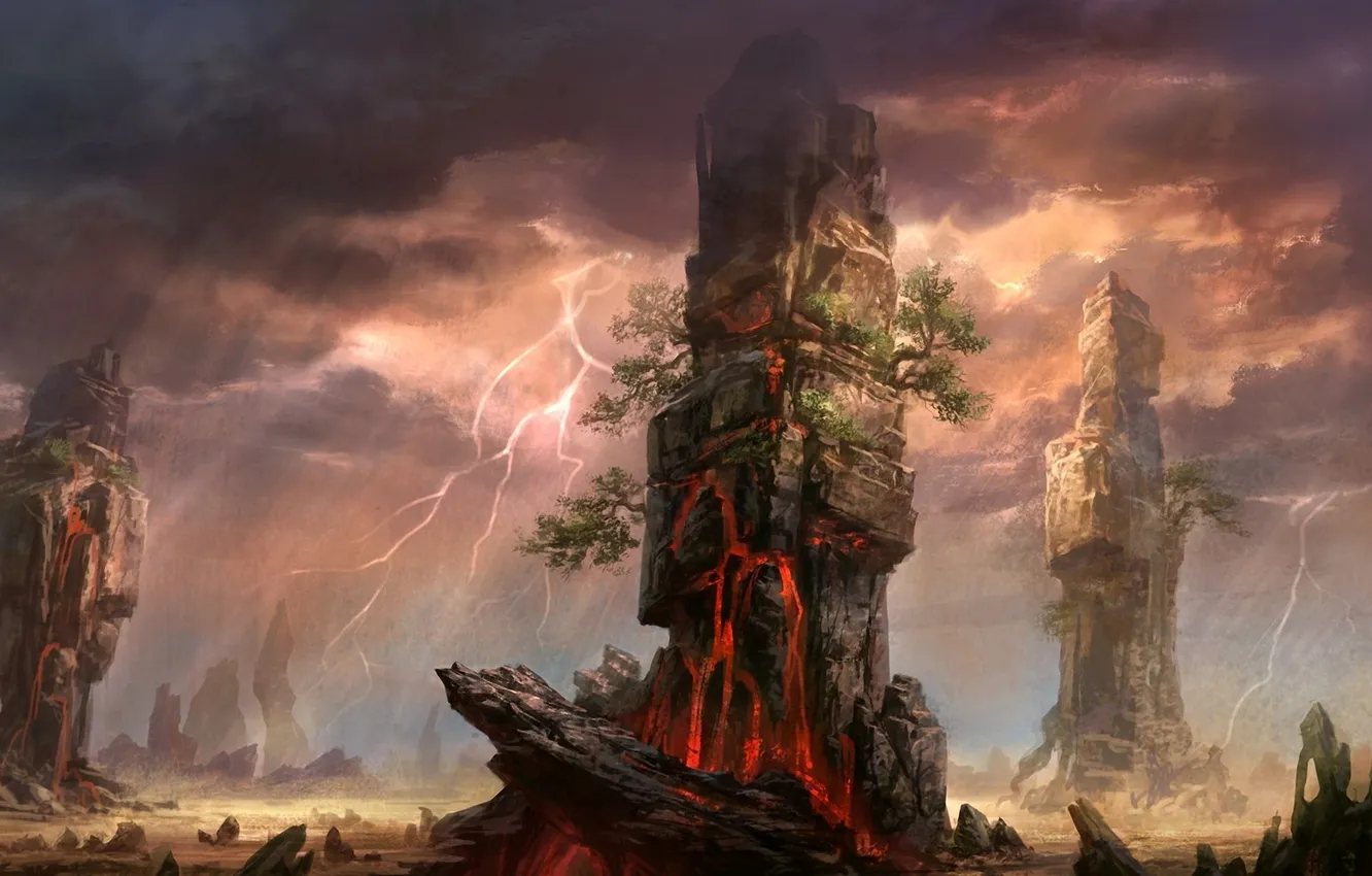 Photo wallpaper trees, landscape, rocks, lightning, lava, columns