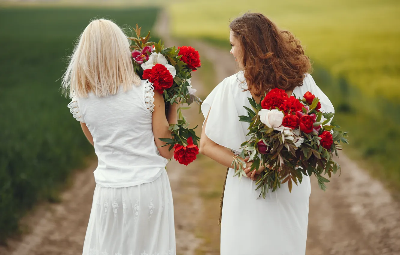 Photo wallpaper field, girl, flowers, woman, bouquet