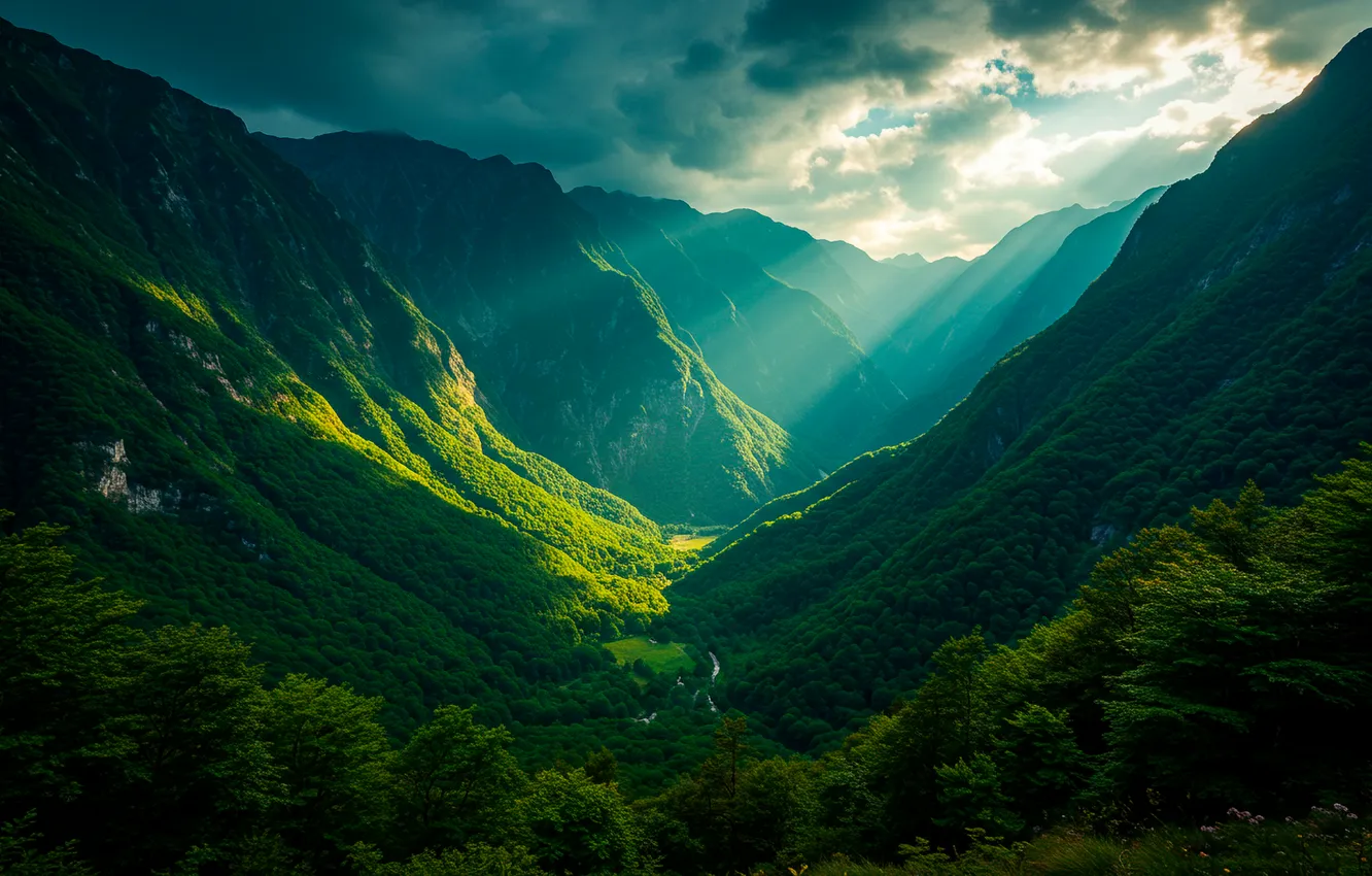 Photo wallpaper the sky, clouds, mountains, Wallpaper, valley, the sun's rays