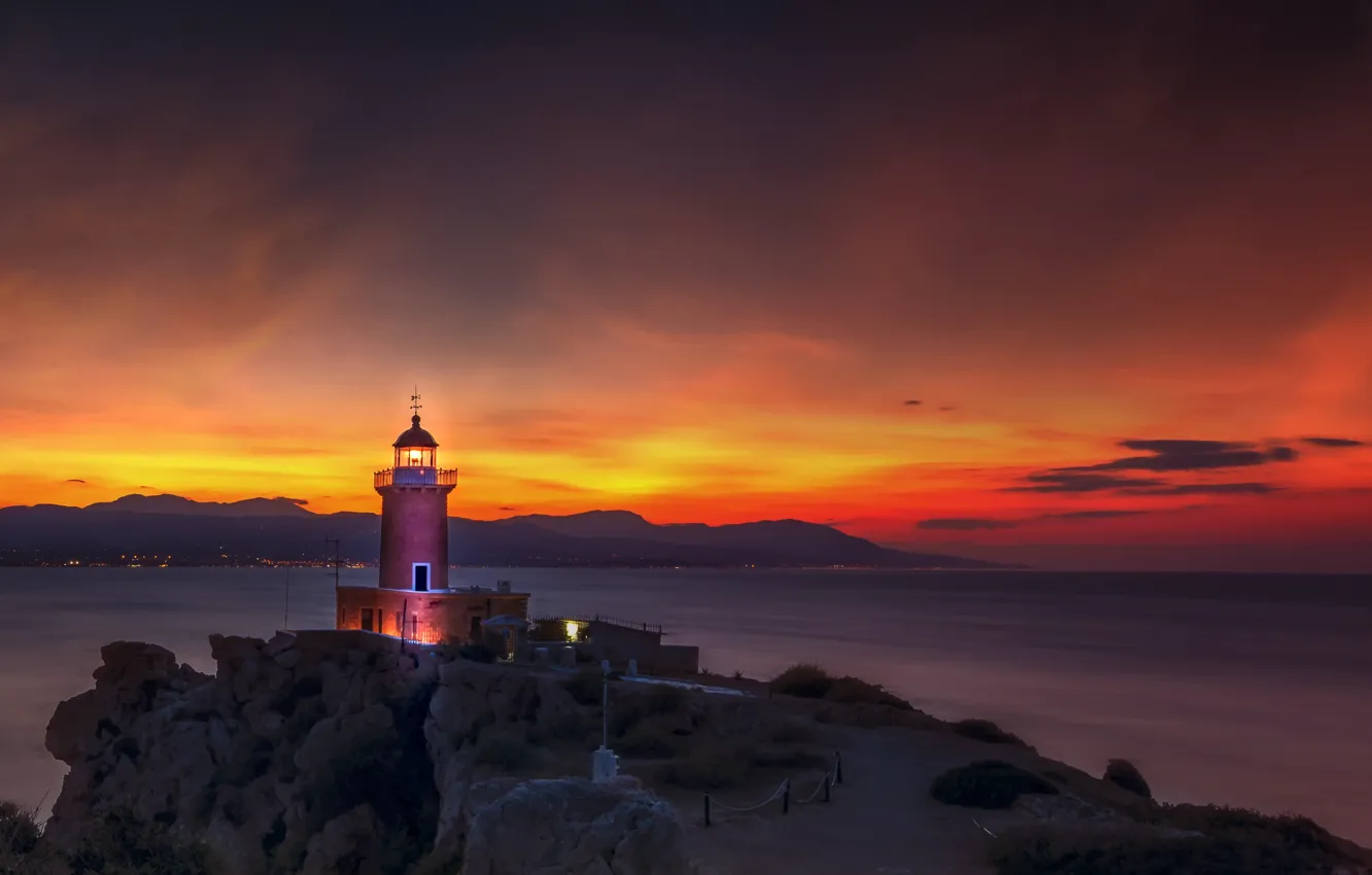 Photo wallpaper sea, landscape, sunset, nature, rocks, lighthouse, the evening, Greece