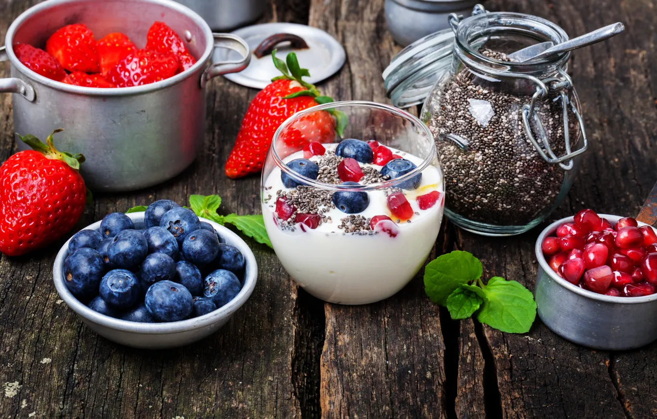 Photo wallpaper berries, Breakfast, blueberries, strawberry, garnet, yogurt