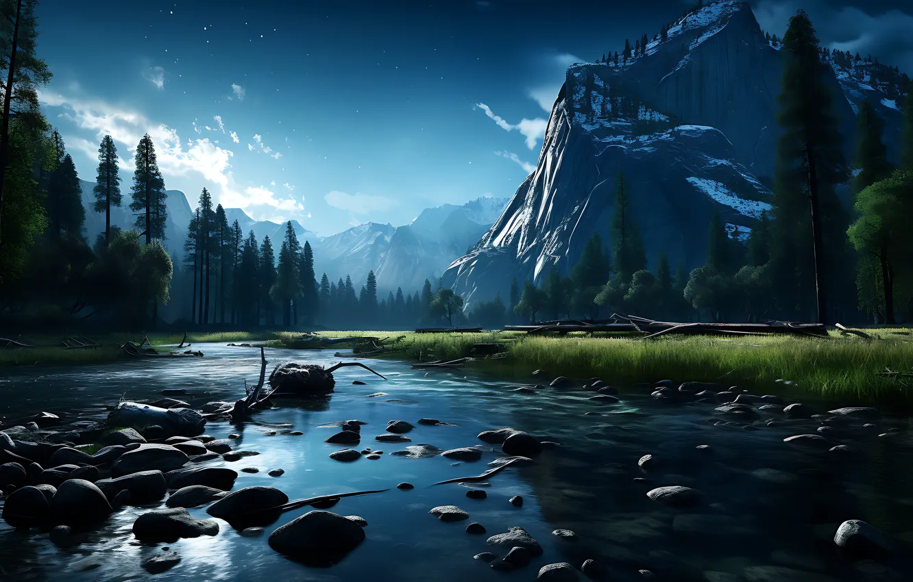 Photo wallpaper the sky, grass, landscape, mountains, night, nature, fog, lake