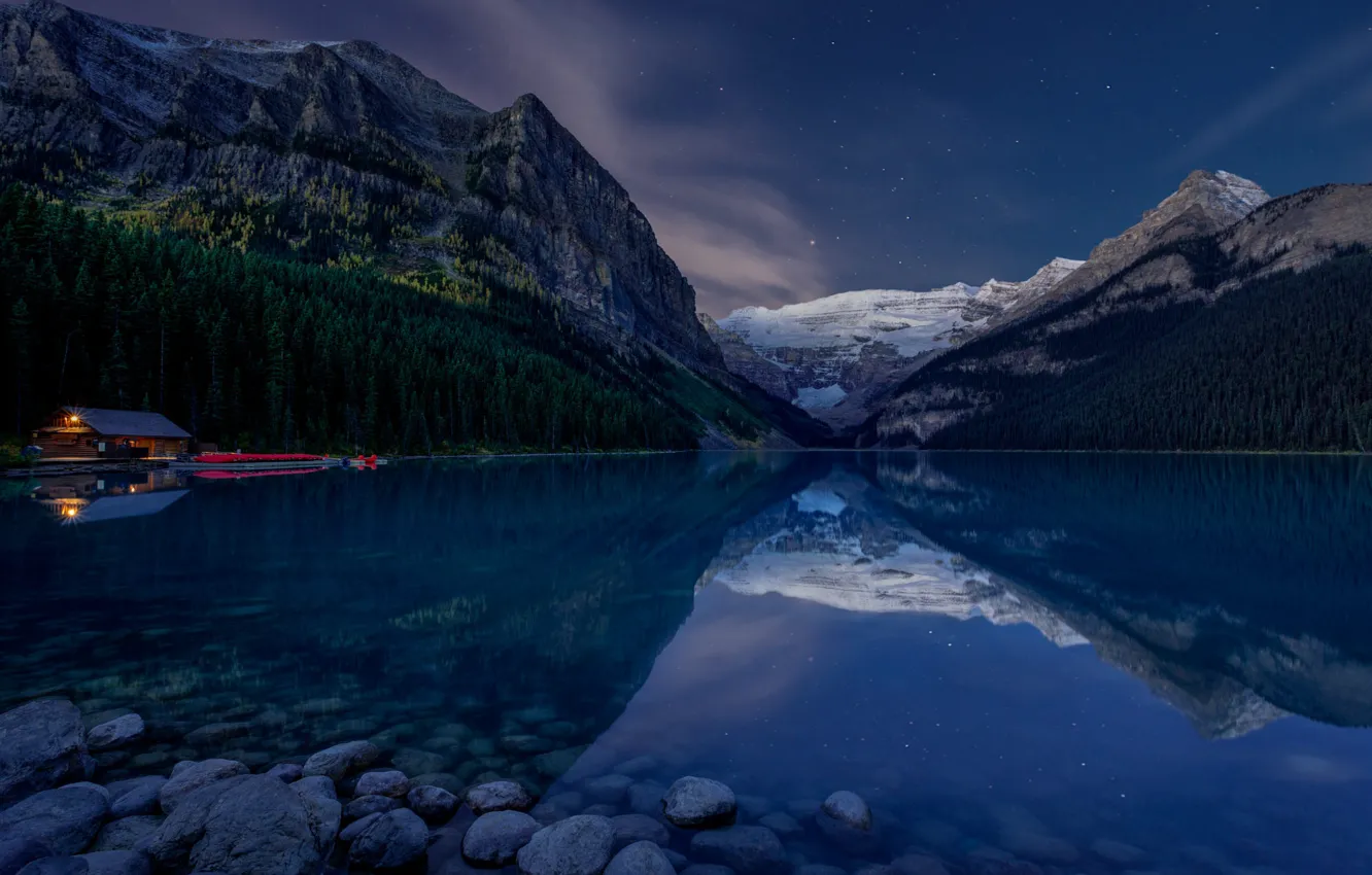 Photo wallpaper forest, stars, landscape, mountains, night, nature, lake, reflection