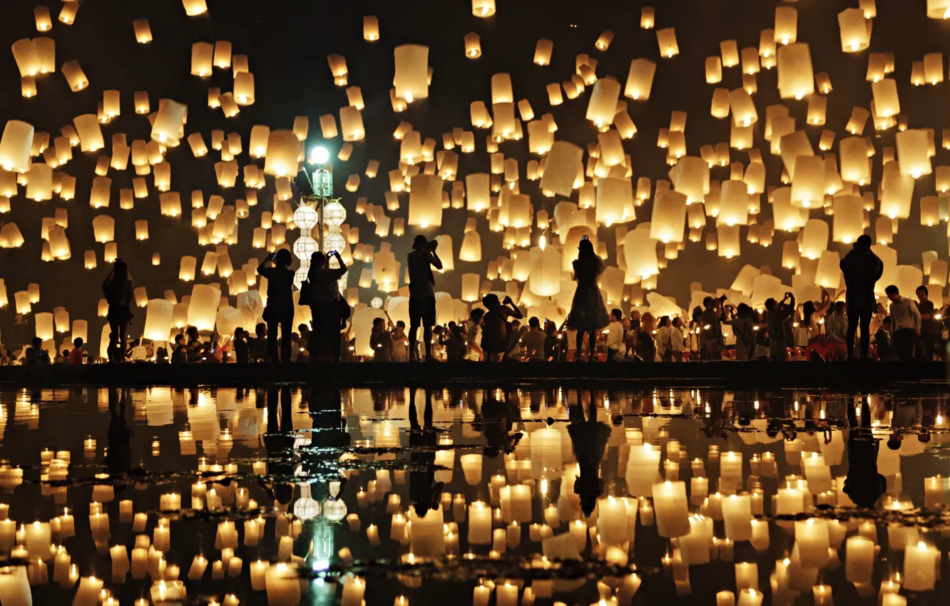 Photo wallpaper reflection, people, people, reflection, chinese lanterns, Prasad Ambati, chinese lanterns