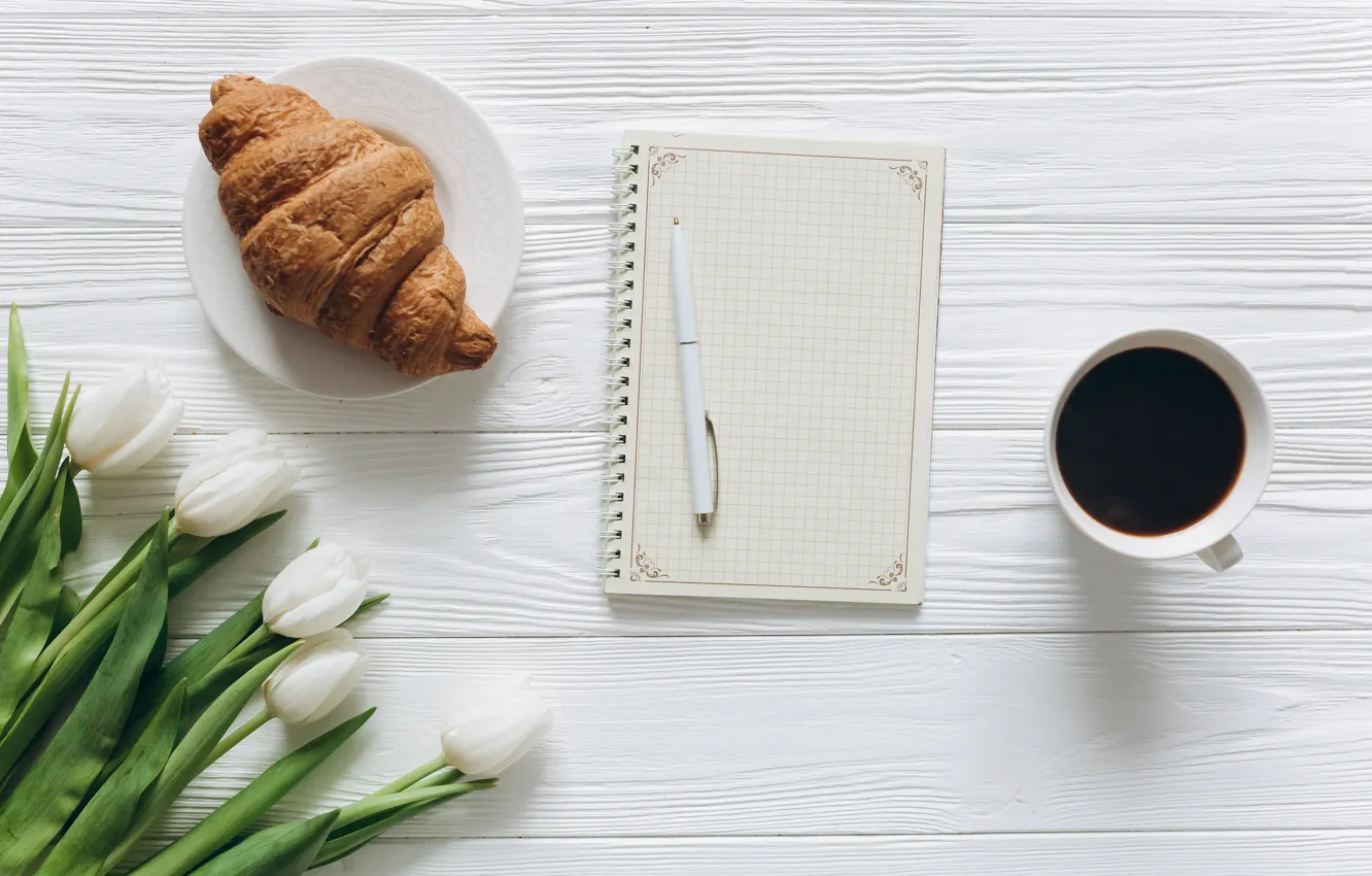 Photo wallpaper flowers, Coffee, handle, Notepad, Croissant