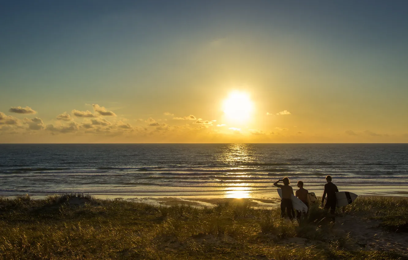 Photo wallpaper sea, sunset, shore, people, guy, surfer
