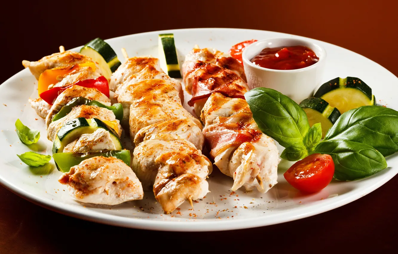 Photo wallpaper meat, vegetables, sauce, kebab