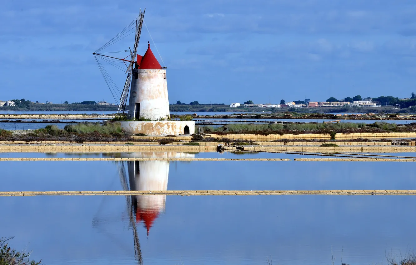 Photo wallpaper the sky, water, home, windmill