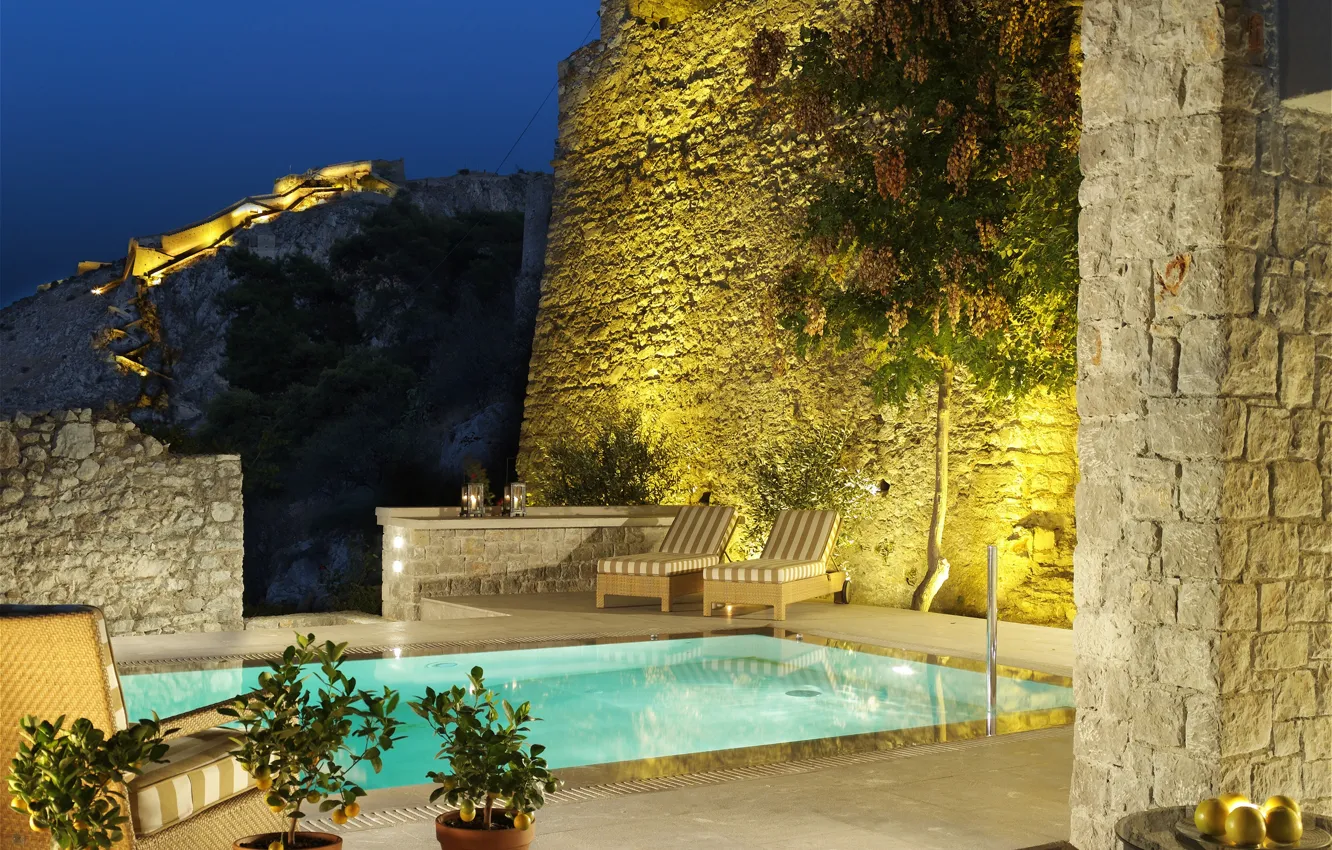 Photo wallpaper the sky, trees, sunset, mountains, yellow, castle, plant, pool