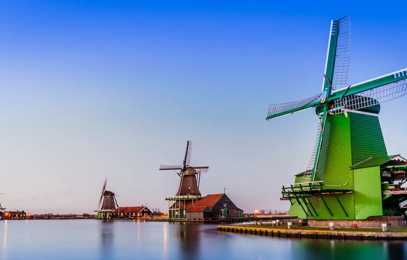 Photo wallpaper lights, house, twilight, landscape, sunset, water, windmill, Netherlands