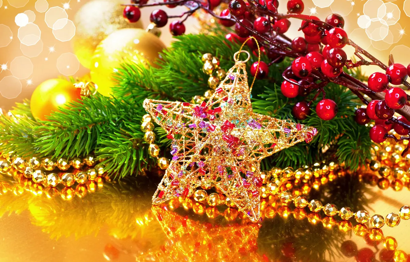 Photo wallpaper stars, tree, new year, beads, New Year, decor