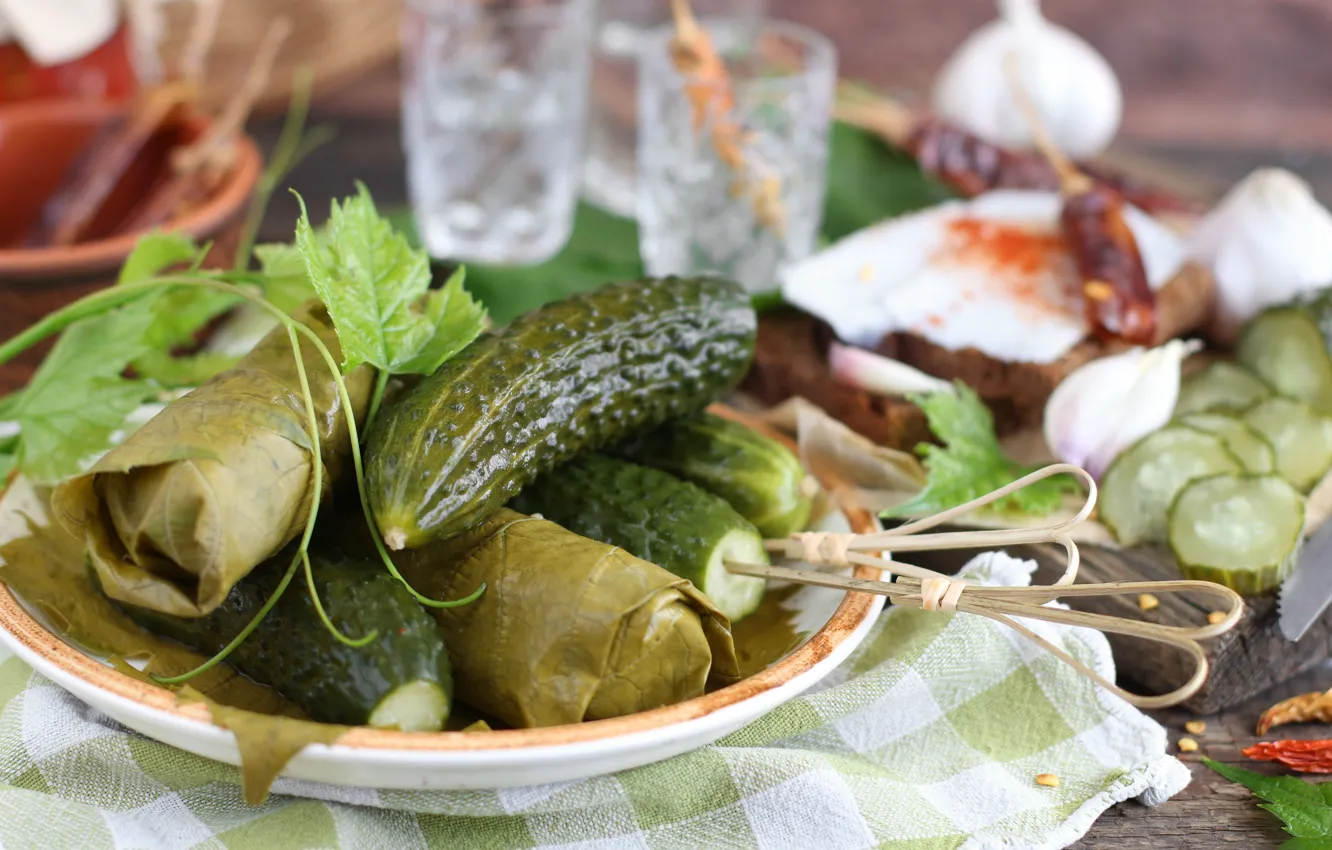 Photo wallpaper vodka, cucumbers, salt, fat