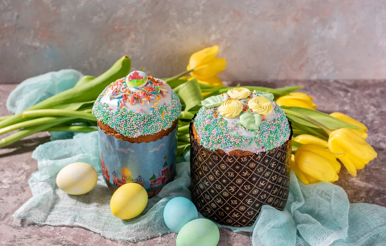 Photo wallpaper holiday, eggs, Easter, tulips, cake