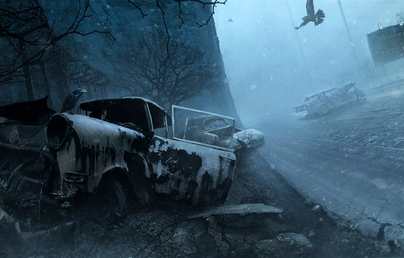 Photo wallpaper winter, snow, machine, birds, night, Silent Hill, Welcome to Silent Hill
