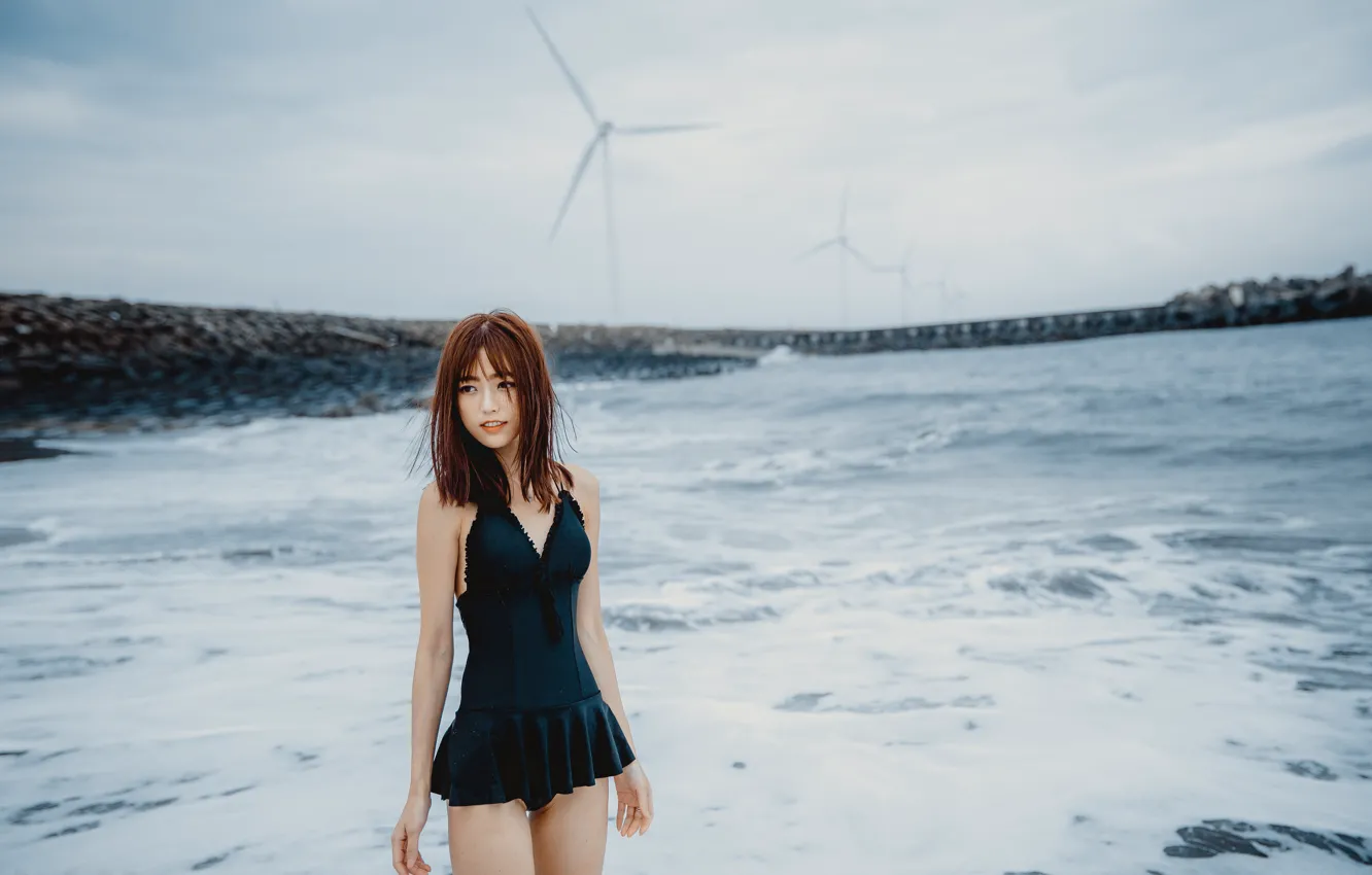 Photo wallpaper girl, rock, beach, sea, woman, beautiful, model, pretty
