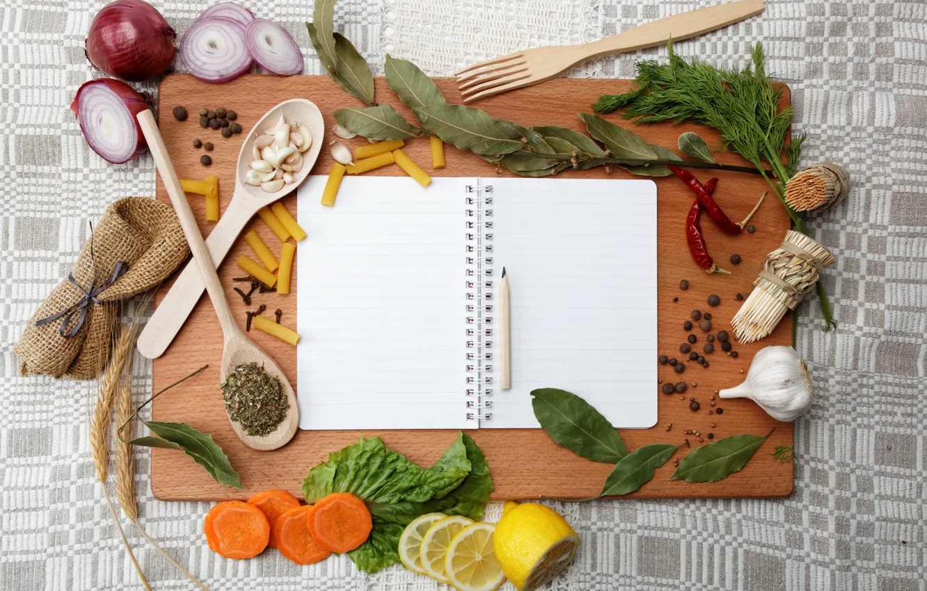 Photo wallpaper lemon, pencils, bow, dill, spoon, notebook, carrots, garlic
