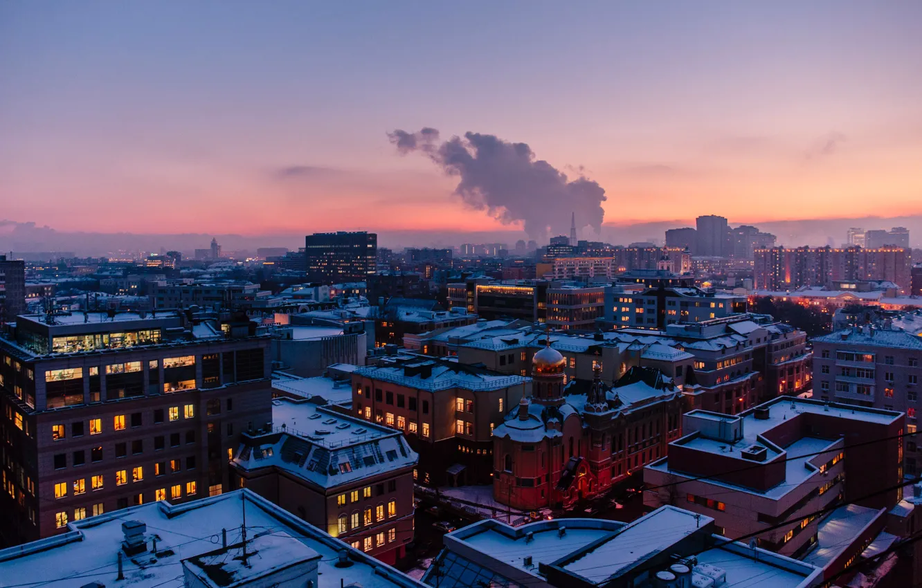 Photo wallpaper sky, smoke, winter, city lights, clouds, snow, Alexander Popov
