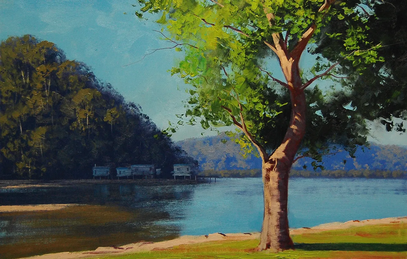 Photo wallpaper summer, trees, landscape, river, home, art, buildings, ARTSAUS