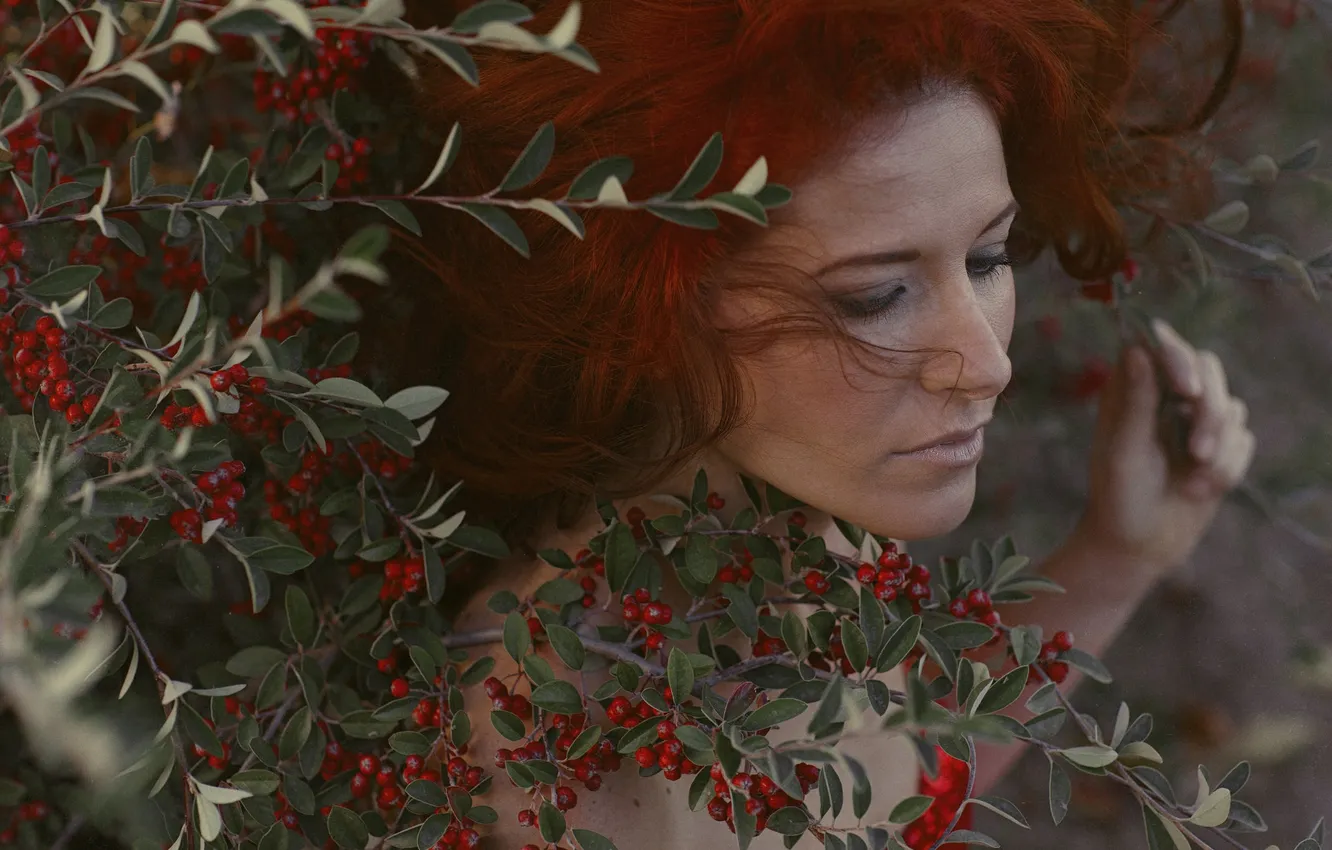 Photo wallpaper girl, branches, nature, face, hair