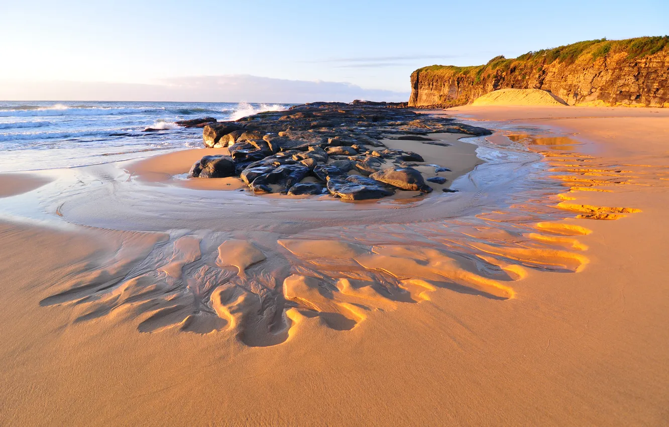 Photo wallpaper sand, wave, beach, sunset, stones, the ocean