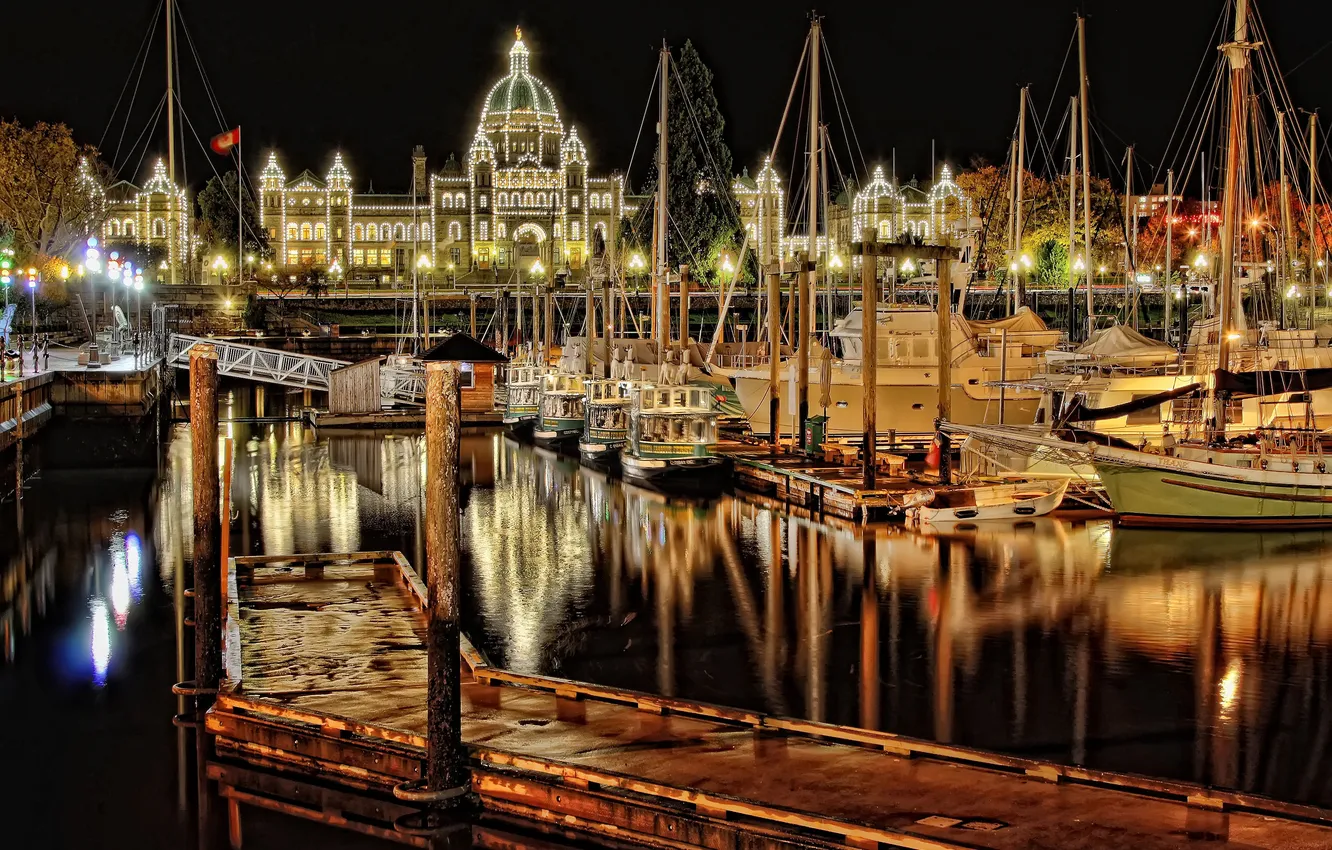 Photo wallpaper sea, the sky, landscape, night, nature, the city, lights, boat
