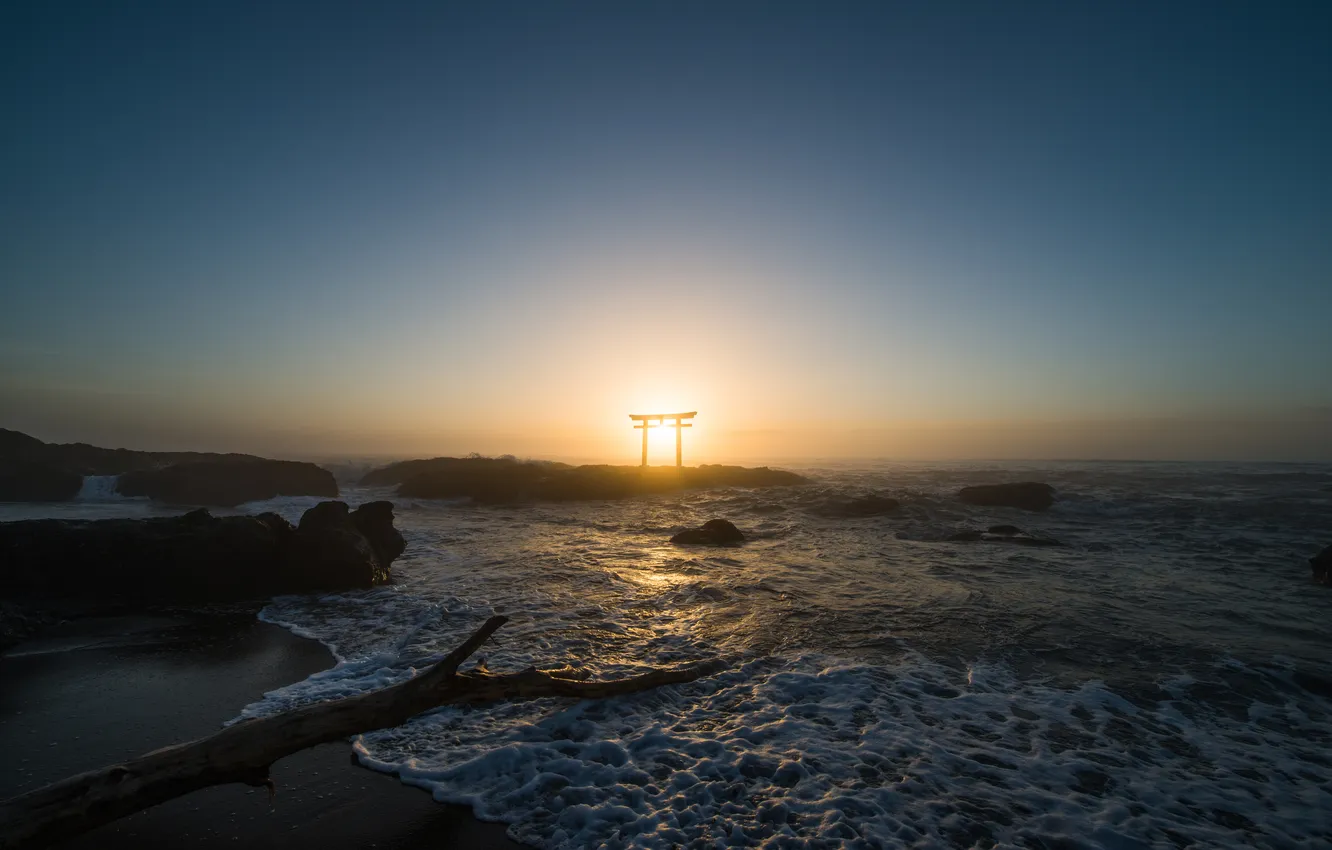 Photo wallpaper the sky, water, landscape, stones, shore