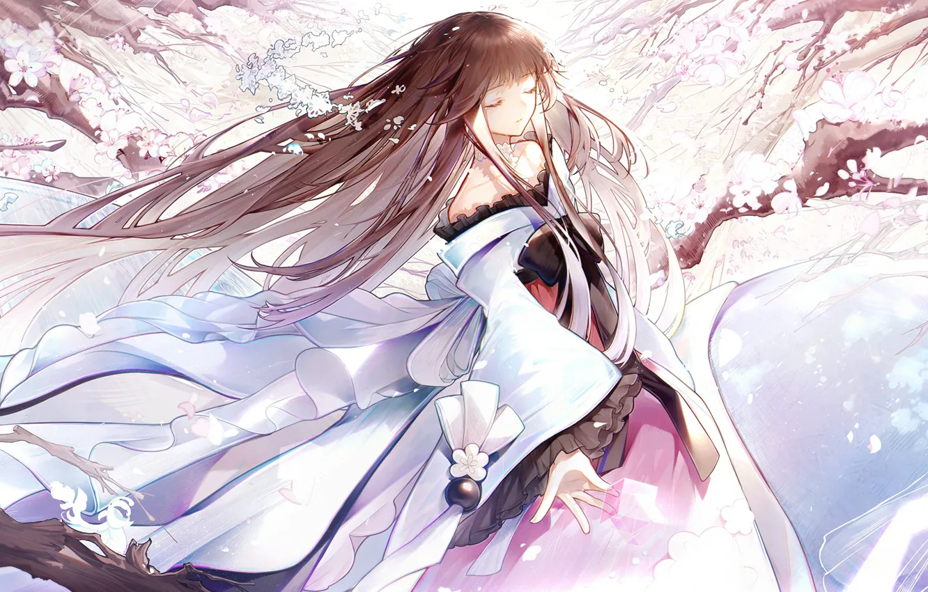 Photo wallpaper the wind, girl, neckline, bow, long hair, ruffles, closed eyes, the cherry blossoms