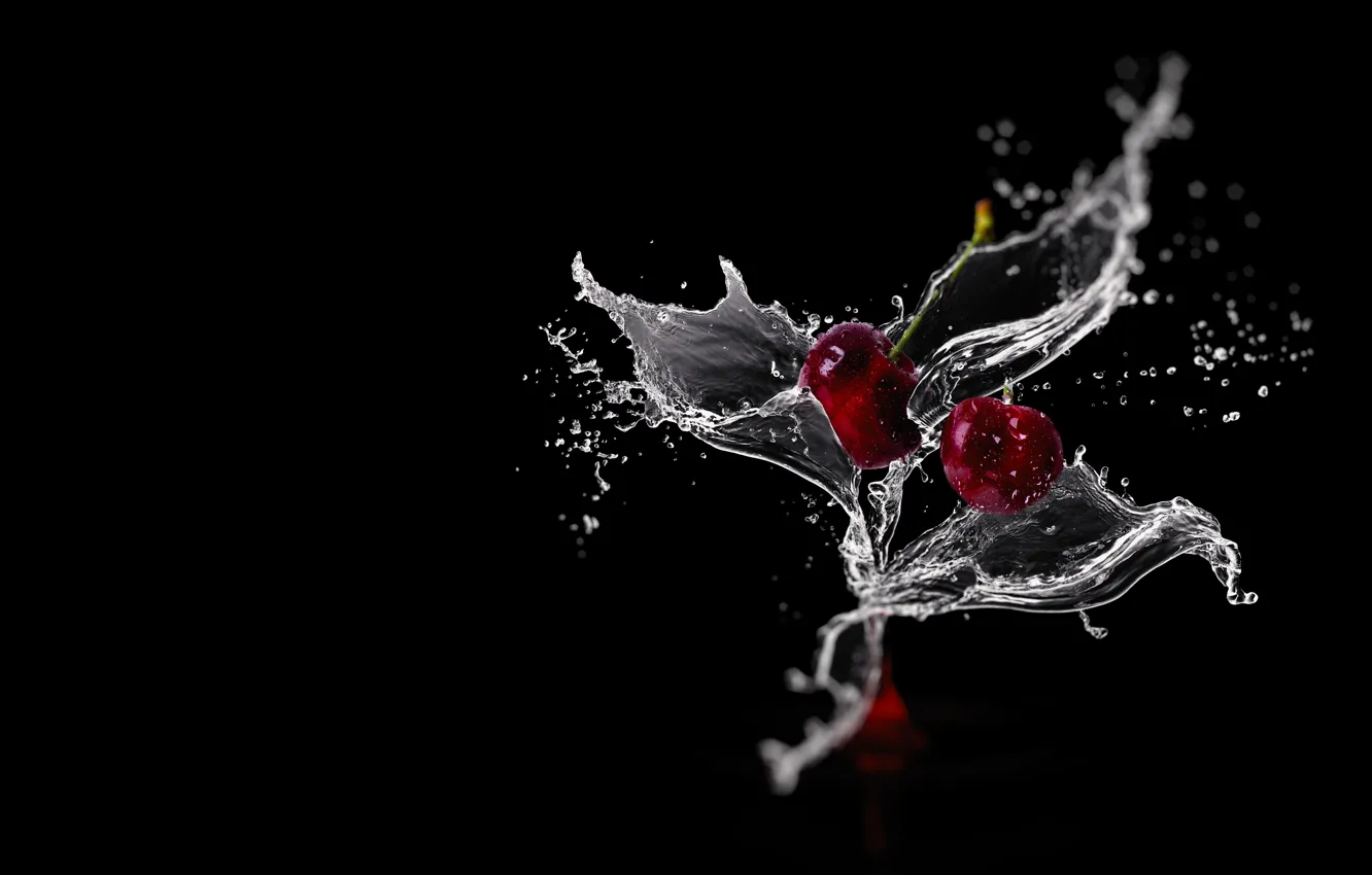 Photo wallpaper water, squirt, cherry, splash, black background