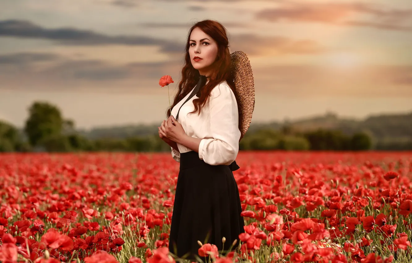 Photo wallpaper summer, the sky, look, girl, clouds, flowers, red, Mac